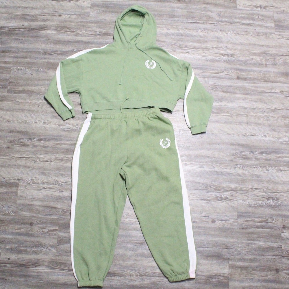 PINK Victoria's Secret Womens XL Set Sage Green Crop Hoodie & Joggers Tracksuit